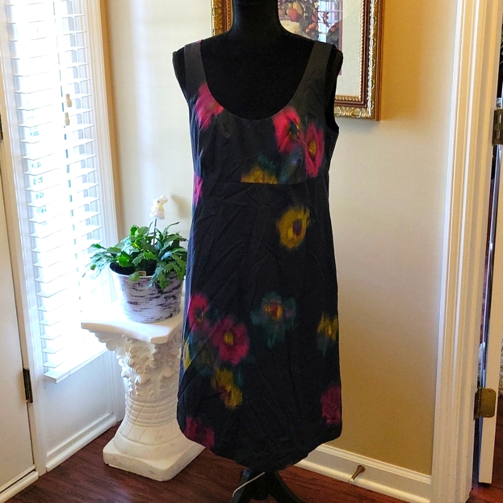 Ann Taylor Loft black sleeveless sheath muted fuchia gold aqua flowers 12 EUC…